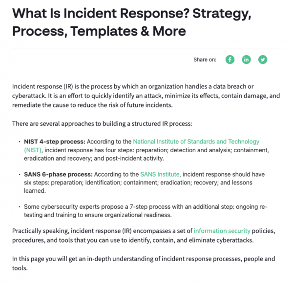 Another current screenshot (September 2023) of Cynet's article on incident response. The headline was adjusted to "What is Incident Response? Strategy, Process, Templates & More" and once again followed by a quick definition and two different models of processes, a 4-step process and a 6-step process. All is in one bigger section compared to before.