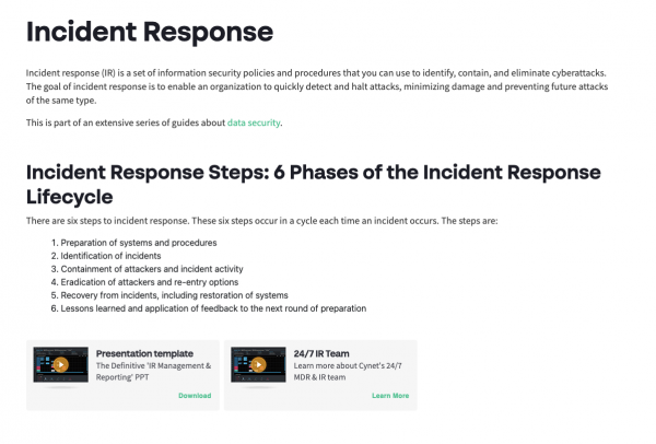 A screenshot of Cynet's website of mid 2023 (wayback machine) showing the content of Cynet's incident response article. The article starts with a big headline (incident response), followed by a quick definition and a new headline after that for the steps involved.