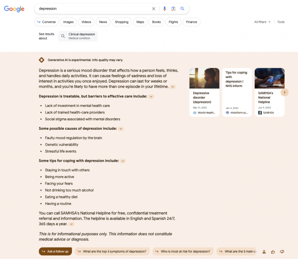 A screenshot of an AI overview of the keyword depression (2023/09/11). There is a text answer on the left and a carousel box on the right. The text features a small definition and a short list of bullet points followed by more headlines with short bullet point lists.