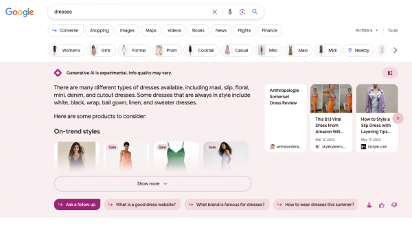 A screenshot of an AI overview for the keyword dresses (2023/08/25). There is a text on the left and a carousel box on the right. The text features a small introduction, followed by on-trend styles as a headline and products following that headline.