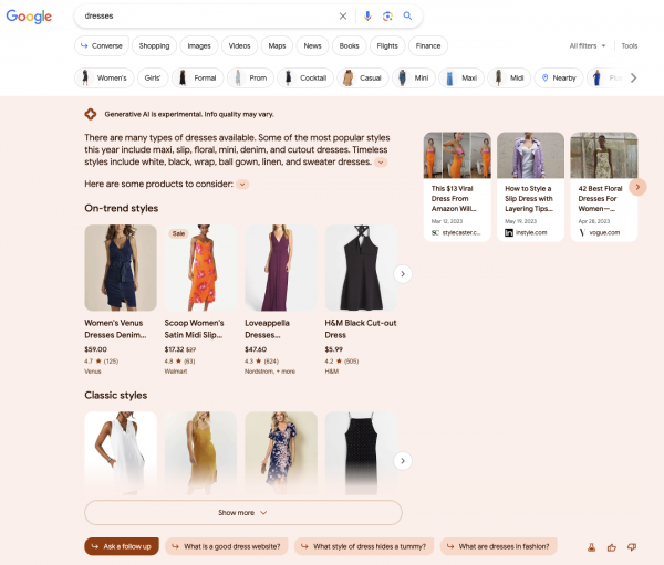 A screenshot of an AI overview for the keyword dresses (2023/09/11). There is a text on the left and a carousel box on the right. The text features a small introduction, followed by on-trend styles as a headline and products following that headline. The AI overview is quite big (twice as big as a previous observation).