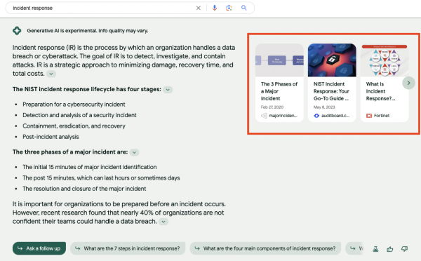 A screenshot of an SGE response (2023/09/11) of the query incident response. The carousel box on the right side of the response is marked with a red box.