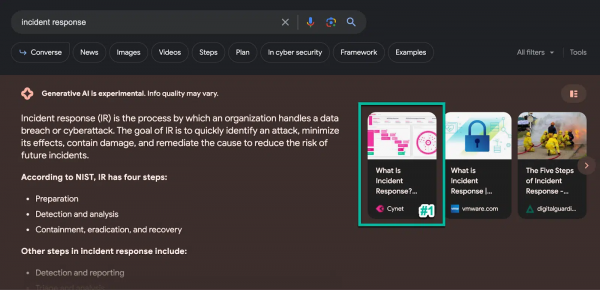 Screenshot of an AI overview for the query incident response. There is a text on the left and a carousel box on the right where the first ranking website is marked with a box. That website is Cynet. The text response contains a quick definition and steps how incident response works.