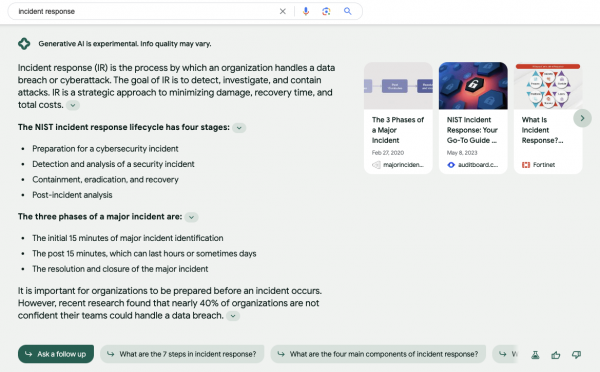 A current screenshot (2023/09/11) of an AI overview for the keyword "incident response". The new snapshot looks very different, with new sources in the carousel box, linked sources in the generated answer and different content overall.