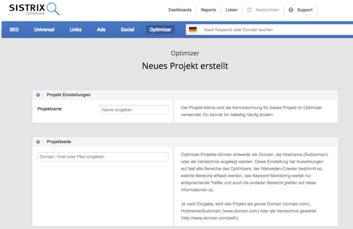 Neues Projekt im Sistrix Optimizer anlegen.